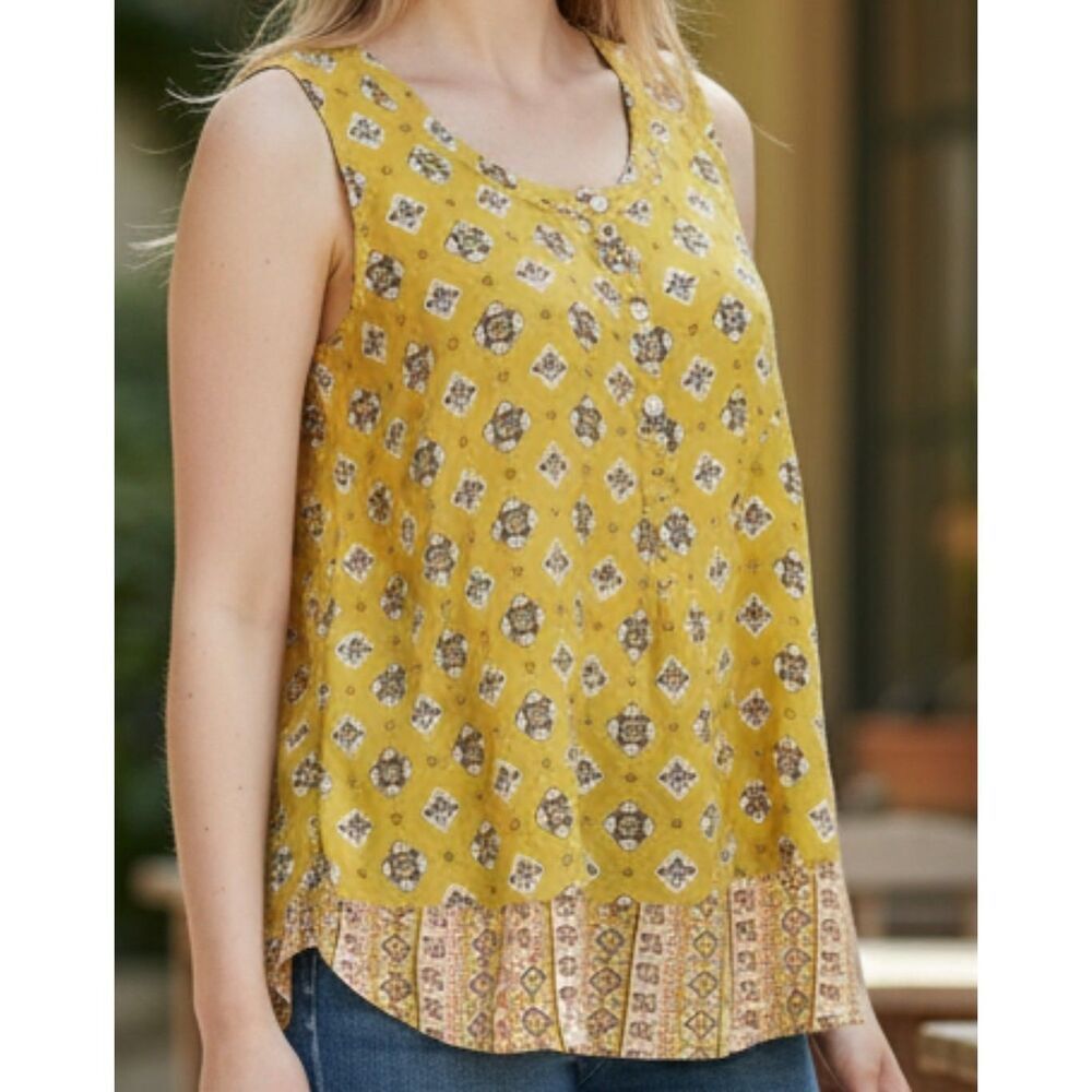 J. Jill Sleeveless Top Women Size M Yellow Boho Flowy Tank Medallion Print Rayon